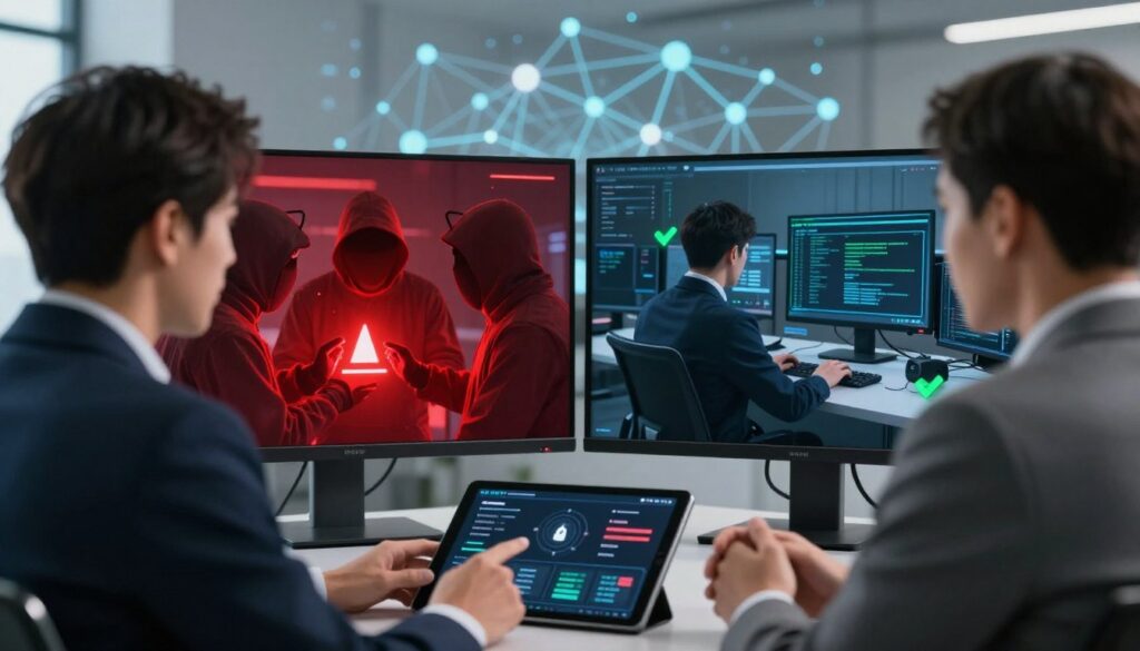 A detailed comparison of security methods, showcasing red teaming versus penetration testing. In the foreground, two professional individuals in business attire engage in a discussion over a digital tablet displaying security metrics. The middle ground features a visual contrast between a red teaming scenario with simulated cyber threats, highlighted by glowing red alert symbols, and a traditional penetration testing setup with standard tools and green checkmarks. In the background, an abstract representation of a digital security network, with lines connecting nodes, suggesting complexity and connectivity. Use soft, diffused lighting for a collaborative atmosphere, with a slight focus on the individuals to draw attention to their analysis. The overall mood should convey a sense of urgency and professionalism in cybersecurity.